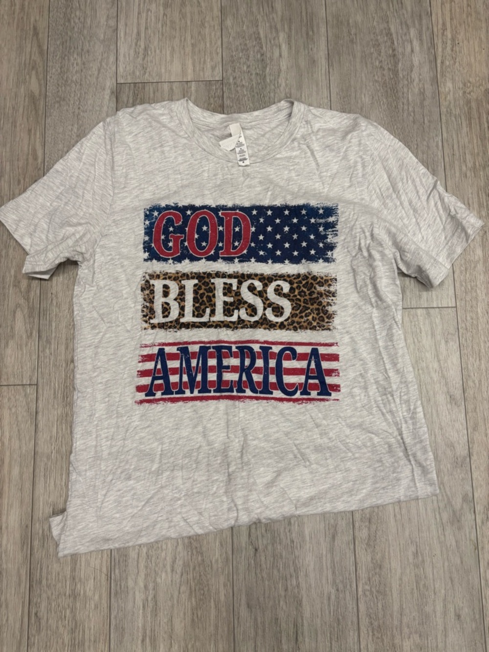 God Bless America Graphic Tee - Light Gray with Red, Blue & Leopard Print